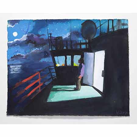 Self Portrait on the Deck of the Aurora Australis by Moonlight 2012, Gouache 38cm x 47cm