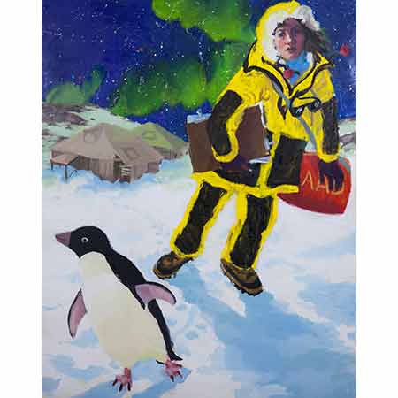 Self Portrait in Antarctica with Penguin and Mawson's Huts 2012, Oil on linen 213cm x 116cm