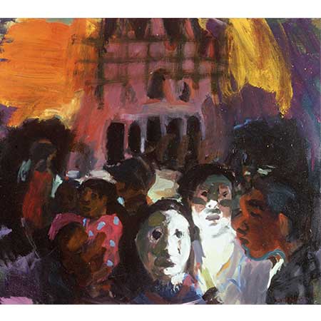 Midnight at Suai Cathedral, 2000, Oil on canvas 122 x 137cm. On Christmas Eve Sharpe went to a mass at Suai Cathedral. The cathedral was the site of a massacre a few months before, the local people had gathered there thinking that it would be safe as it was a holy place and instead they were massacred. At the mass the survivors re-enacted the massacre, they acted out the killing of the nuns and priests, the burning of the houses, and the Interfet coming in as heroes to chase away the militia.