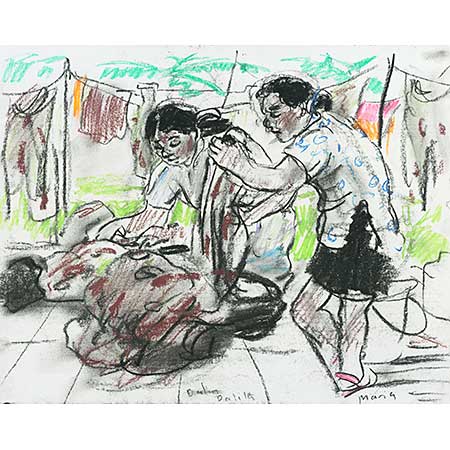 Dalila & Maria washing clothes, Dili, East Timor. Gouache & pencil on paper, 39 x 55cm.