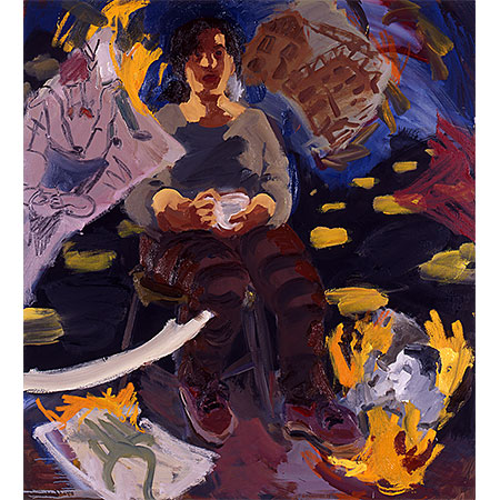 Self Portrait with Tea Cup and Burning Paintings 2003 Oil on canvas 167cm x 137cm Private Collection (Winner of The Portia Geach Memorial Award 2003